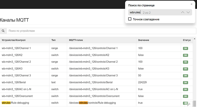 На изображении представлена таблица с каналами MQTT, содержащая информацию о различных устройствах и их статусах, включая элемент "wbrules" для отладки правил. (Captioned by AI)