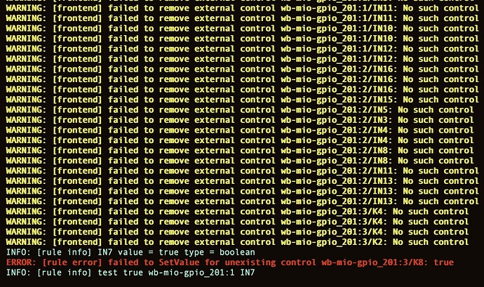 На изображении представлен вывод консоли с сообщениями об ошибках и предупреждениях, связанных с отсутствием внешнего управления для различных контроллеров wb-mio-gpio. (Captioned by AI)