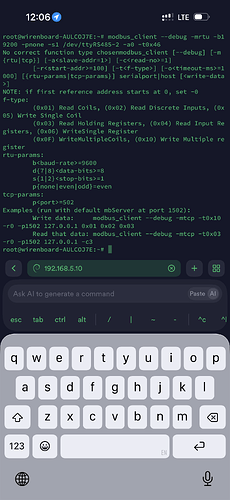 На изображении показан терминал с командной строкой, где выполняется отладка клиента Modbus с различными параметрами и примерами использования. (Captioned by AI)