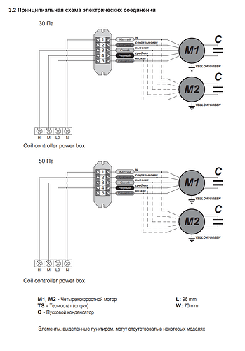 Схема электрических соединений для контроллера катушки с указанием подключения моторов M1 и M2 на 30 и 50 ПА. (Captioned by AI)