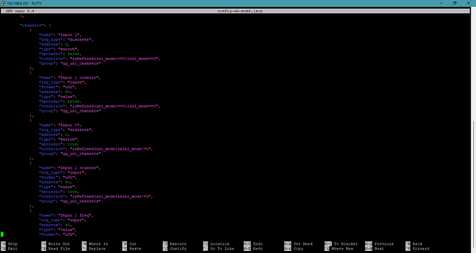 На изображении показан текстовый файл конфигурации в формате JSON, открытый в редакторе GNU Nano, с определенными параметрами для каналов, такими как "name", "reg_type", "address" и "condition". (Captioned by AI)