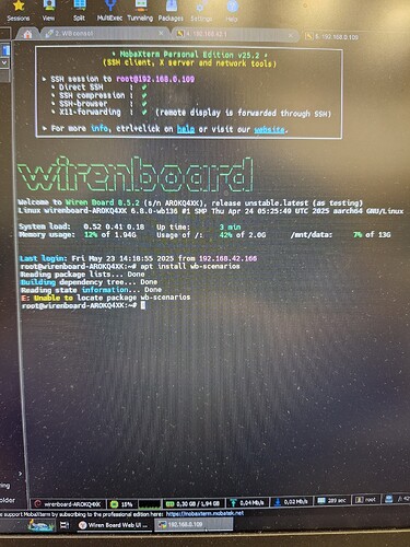 На изображении представлен терминал с интерфейсом Wiren Board, показывающий информацию о системе и выполняемые команды. (Captioned by AI)