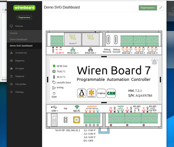 На изображении представлено панель управления "Wiren Board 7" с различными параметрами и показателями работы устройства, включая состояние подключения и настройки. (Captioned by AI)