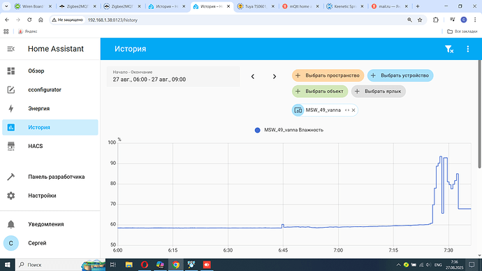 На изображении представлена страница истории в интерфейсе Home Assistant, показывающая график влажности с 6:00 до 9:00 27 августа для устройства MSW_49_vanna. (Captioned by AI)