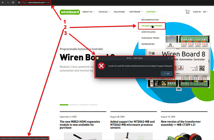 На этом изображении показан веб-сайт Wiren Board, где пользователь пытается получить доступ к технической поддержке, но сталкивается с ошибкой KIO Client. (Captioned by AI)