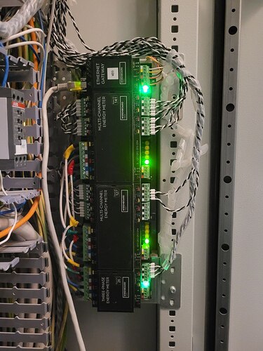 На изображении представлено оборудование в распределительном щите, включая Multi-Channel Energy Meter и Ethernet Gateway, с видимыми зелеными индикаторами и многочисленными подключенными проводами. (Captioned by AI)