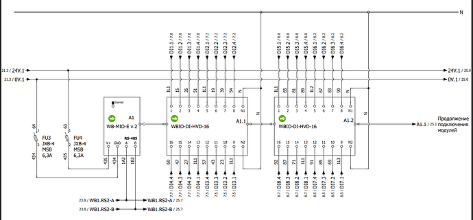 На изображении представлена схема подключения модулей WB-MIO-E и WBIO-DI-HVD-16 с обозначением подключения питания и сигналов. (Captioned by AI)