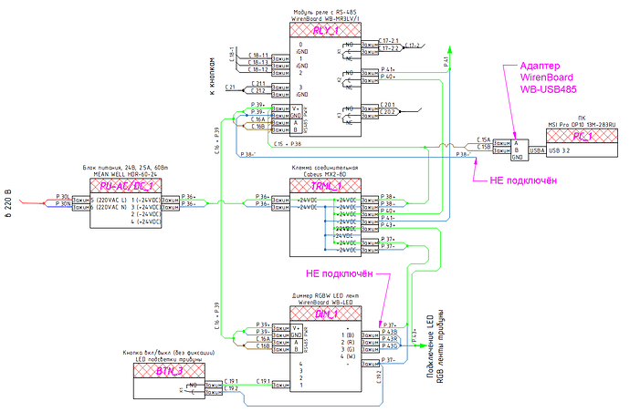 Схема 3 - WB-USB485 находит устройства WB-MR3LV/I + WB-LED на шине MODBUS, но НЕ работает LED лента