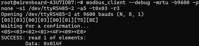 На изображении отображается терминал с выводом команды modbus_client, который показывает успешное считывание данных через интерфейс Modbus. (Captioned by AI)