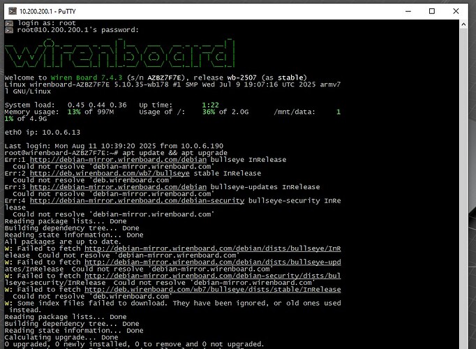 На изображении отображается терминал PuTTY, входящий в систему на устройстве Wiren Board, где выполняются команды обновления и обновления пакетов, но возникают ошибки разрешения доменных имен. (Captioned by AI)