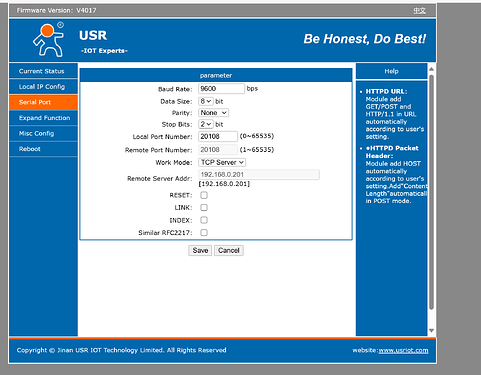На изображении отображается интерфейс настройки устройства, связанного с IoT, с параметрами порта, включая скорость передачи данных, номер порта и адрес удаленного сервера. (Captioned by AI)