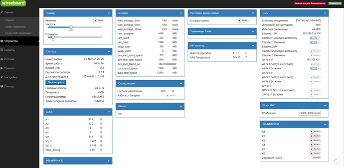 Изображение представляет собой интерфейс управления устройством Wirenboard, отображающий информацию о системных метриках, температуре, статусе сети и конфигурации подключенных устройств. (Captioned by AI)
