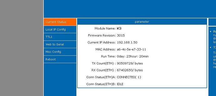 На изображении отображается интерфейс текущего статуса устройства с информацией о версии прошивки, IP-адресе, MAC-адресе и количестве переданных и принятых байтов. (Captioned by AI)