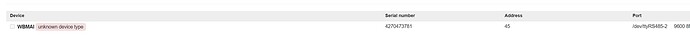 На изображении представлена таблица с информацией о приборе, включая название устройства "WBMAI", серийный номер, адрес и порт подключения, но тип устройства не известен. (Captioned by AI)