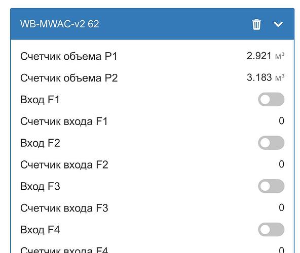 На изображении отображается интерфейс устройства WB-MWAC-v2 62 с показаниями счетчиков объема и входов, где указаны значения объемов для P1 и P2 и статус входов F1-F4. (Captioned by AI)