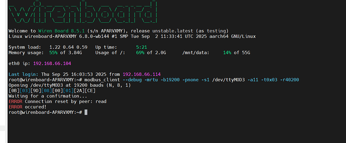 На изображении представлен терминал устройства Wiren Board, показывающий информацию о системе и ошибки при использовании клиента modbus. (Captioned by AI)