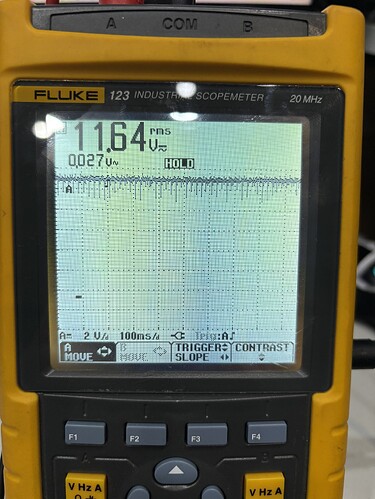 На изображении показан осциллограф Fluke 123, отображающий сигнал с измерением 11,64 мВ и удерживаемым значением 0,027 В. (Captioned by AI)