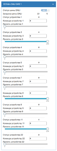 Изображение представляет собой интерфейс управления устройствами с показателями состояния, нагрузки и яркости для различных устройств в системе DALI. (Captioned by AI)
