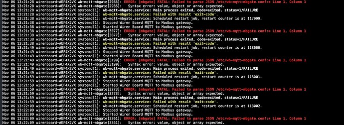 На изображении представлены сообщения об ошибках из системы, указывающие на проблемы с парсингом JSON в конфигурационном файле /etc/wb-mqtt-mbgate.conf. (Captioned by AI)