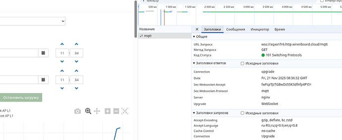 На изображении представлен интерфейс для анализа сети с заголовками запроса и ответа, связанными с соединением через MQTT. (Captioned by AI)