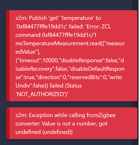 На изображении содержатся сообщения об ошибках, связанные с Zigbee, указывающие на проблему с авторизацией и неверным значением данных температуры. (Captioned by AI)
