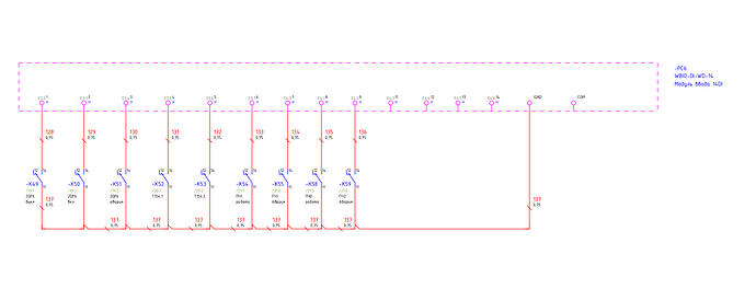 На изображении представлена схема подключения с компонентами типа WBIO-DI-WD-14, включающая в себя различные элементы и соединения. (Captioned by AI)