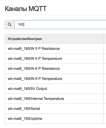 На изображении представлена таблица с каналами MQTT, содержащая информацию о различных параметрах устройства wb-mai6_160, таких как сопротивление и температура. (Captioned by AI)