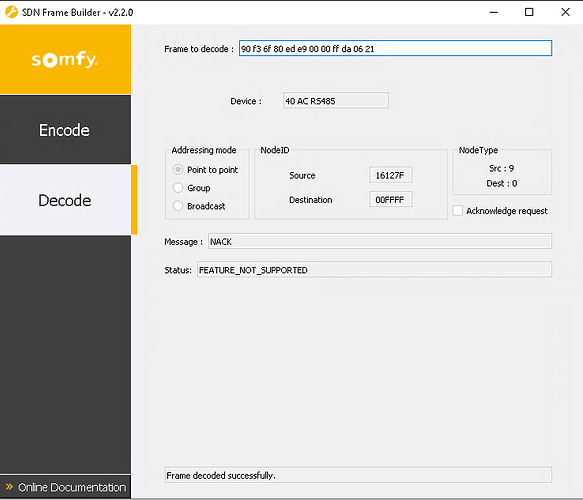 На изображении отображается интерфейс программы Somfy SDN Frame Builder с информацией о декодированном кадре, включая адресацию, сообщение и статус ошибки. (Captioned by AI)