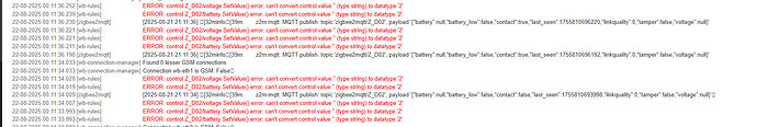На изображении отображены сообщения об ошибках, связанные с некорректным преобразованием значений для датчиков в системе, с указанием времени и разных компонентов, таких как [wb-rules] и [zigbee2mqtt]. (Captioned by AI)