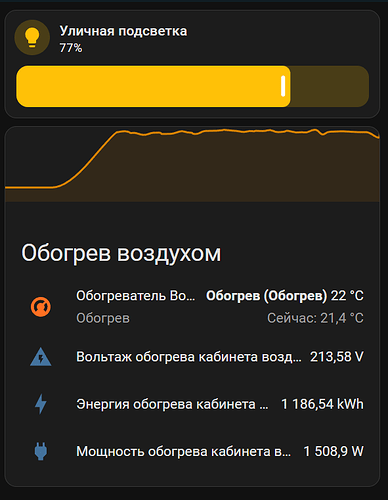 На изображении показан интерфейс управления обогревом воздуха с текущей температурой, мощностью и потреблением энергии. (Captioned by AI)