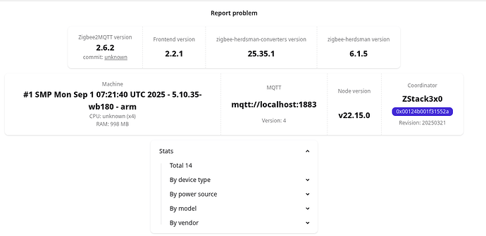 На изображении отображается отчет о конфигурации и статистике Zigbee2MQTT с информацией о версиях программного обеспечения и аппаратных характеристиках устройства. (Captioned by AI)