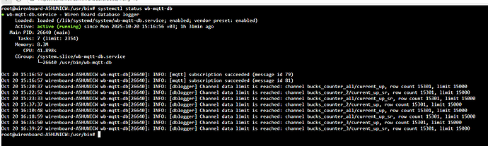 На изображении отображен вывод команды , показывающий статус работы базы данных Wiren Board и связанные с ней сообщения журнала. (Captioned by AI)