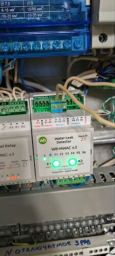 На изображении показано устройство детектора утечки воды WB-MWAC v.2 с индикаторами состояния и проводами подключения. (Captioned by AI)