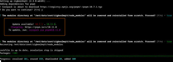 На изображении отображается процесс установки библиотеки zigbee2mqtt с использованием pnpm, с информацией об обновлении и статусом установки пакетов. (Captioned by AI)