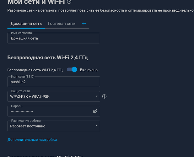 На изображении показаны настройки беспроводной сети Wi-Fi 2,4 ГГц с названием сети "pushkin2" и параметрами защиты WPA2-PSK + WPA3-PSK. (Captioned by AI)