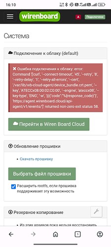 На изображении отображается интерфейс в веб-страницы устройства Wiren Board с сообщением об ошибке подключения к облаку и опциями для обновления прошивки. (Captioned by AI)