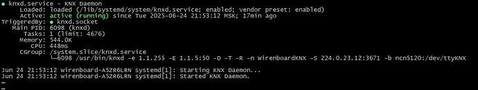 На изображении отображается информация о состоянии службы knxd (KNX Daemon) на устройстве, которая активна и работает. (Captioned by AI)