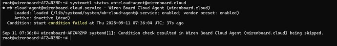 На изображении показан вывод команды для службы wb-cloud-agent, которая неактивна и имеет проблемы с запуском. (Captioned by AI)