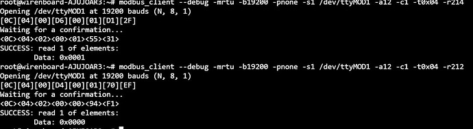 На изображении представлен вывод команды modbus_client, показывающий процесс чтения данных с устройства через seriальный порт. (Captioned by AI)
