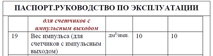 Изображение содержит таблицу с заголовком "ПАСПОРТ. РУКОВОДСТВО ПО ЭКСПЛУАТАЦИИ", где указаны параметры для счетчиков с импульсным выходом и вес импульса в дм³/имп. равный 10. (Captioned by AI)