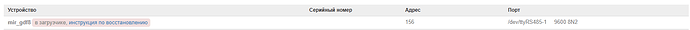 На изображении представлена таблица с информацией об устройстве, включая его название, серийный номер, адрес и порт. (Captioned by AI)