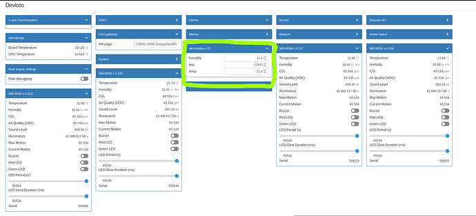На изображении представлены данные устройств, включая показания влажности и температуры с помощью системы мониторинга. (Captioned by AI)