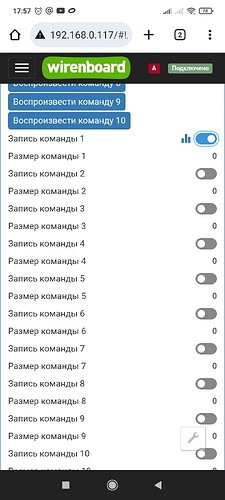 На изображении представлен интерфейс устройства wirenboard с настройками для записи и воспроизведения команд. (Captioned by AI)