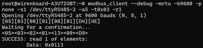 На экране терминала отображается вывод программы modbus_client, показывающий успешное считывание данных с устройства по протоколу Modbus. (Captioned by AI)