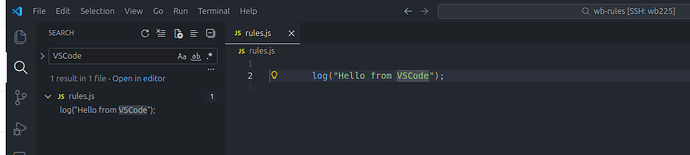 Изображение показывает редактор кода Visual Studio Code с открытым файлом rules.js, в котором находится строка кода, выводящая сообщение "Hello from VSCode". (Captioned by AI)