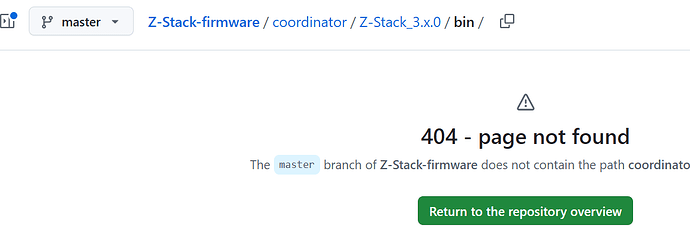 На изображении отображается ошибка 404 на GitHub, указывающая на то, что ветка master репозитория Z-Stack-firmware не содержит указанного пути. (Captioned by AI)