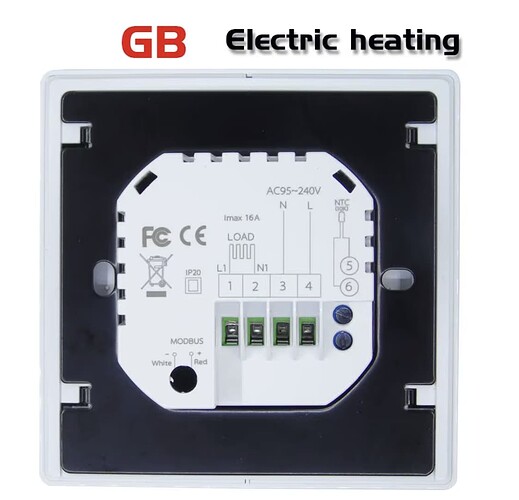 На изображении показан электрический термостат с маркировкой "GB Electric heating", содержащий несколько клемм и надписей, таких как "AC95~240V" и "Imax 16A". (Captioned by AI)