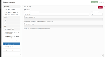 Изображение показывает интерфейс менеджера устройств с настройками для подключения через TCP, включая параметры, такие как IP-адрес, номер порта и тайм-ауты. (Captioned by AI)