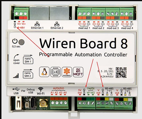 На изображении представлен контроллер автоматизации Wiren Board 8 с маркировкой портов и разъемов для подключения устройств. (Captioned by AI)