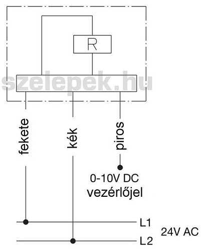 На изображении схематично представлено подключение устройства с обозначениями проводов: черный, синий и красный, а также выводами L1 и L2 для 24V AC. (Captioned by AI)